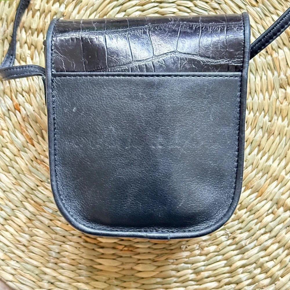 Brighton Vintage Black Leather Croc Embossed Heart Crossbody Mini Bag